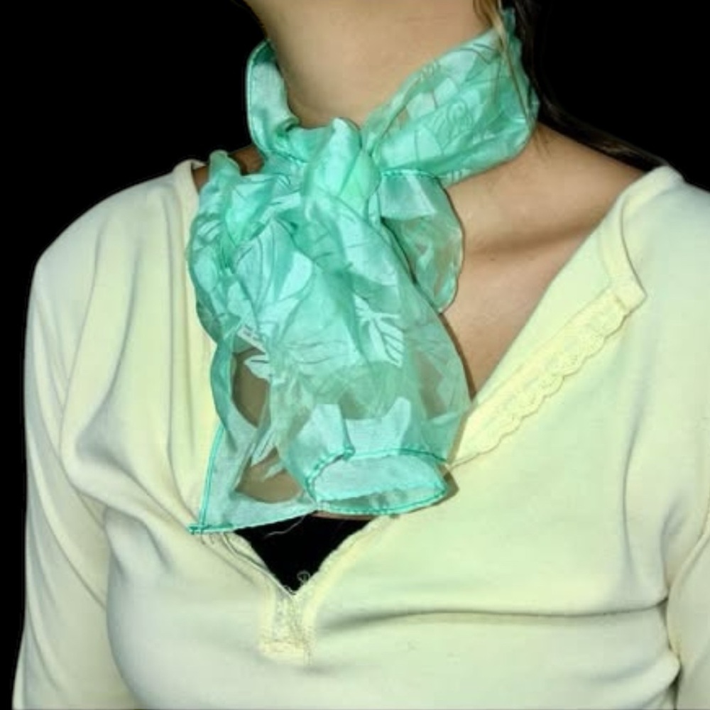 Vintage Sheer Mint Green & Flowered Scarf 43"X14"